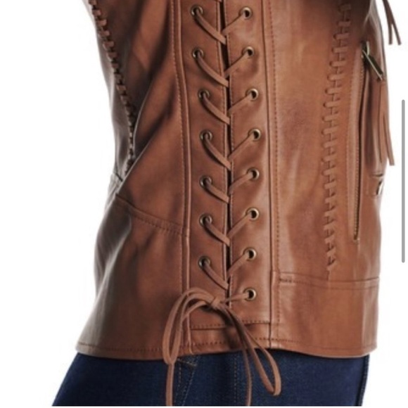 Coffee Shop Faux Leather Vegan Jacket Boho Moto Lace Up Ties Brown Sz L - Picture 4 of 14